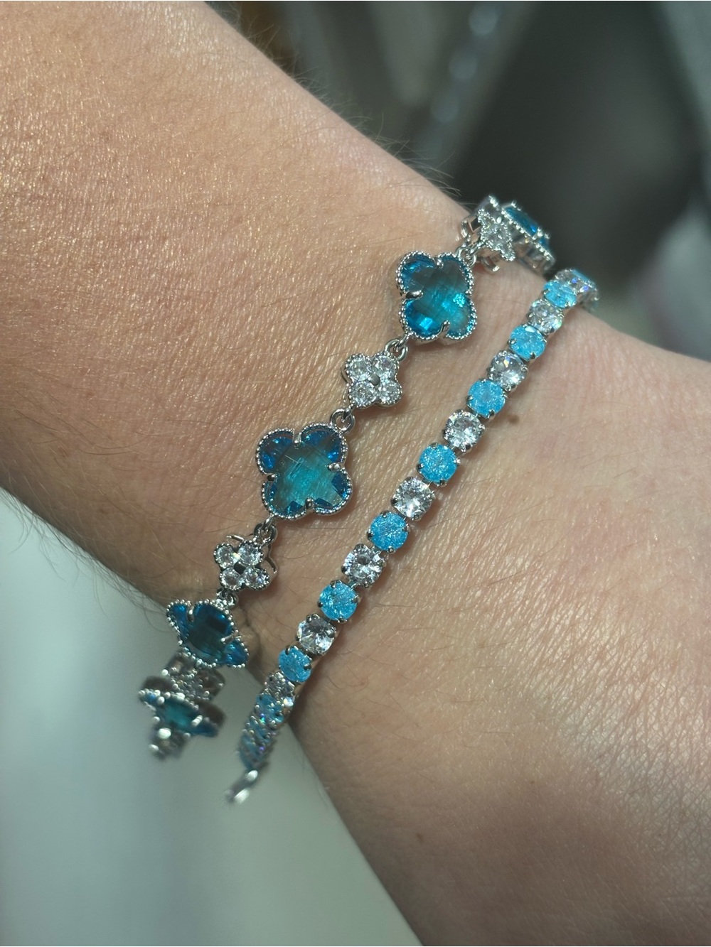 Blue Crystal Clover & Tennis Bracelet Set